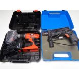 A cased Black and Decker 18 volt drill together with a cased Black and Decker corded drill.