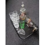 A tray of glass ship in bottle, Edinburgh Crystal paperweight, glass etc.