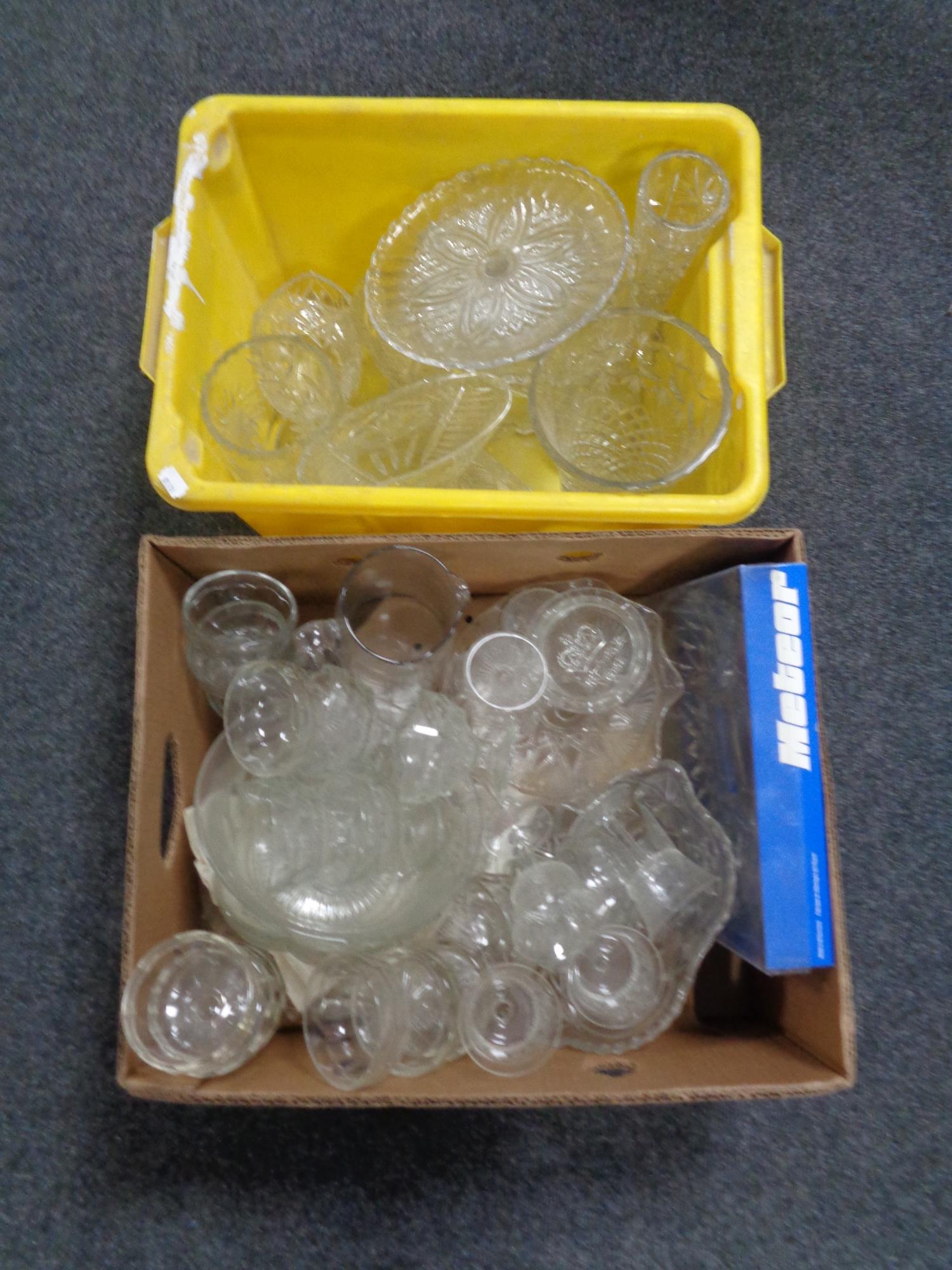 Two boxes containing 20th century pressed glass, to include dessert bowls, vases, serving dish etc,