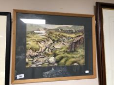 A framed watercolour, stream through a rural landscape.