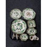 A tray containing 11 pieces of Mason's Charteuse china to include wall plates, wall clock,