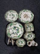 A tray containing 11 pieces of Mason's Charteuse china to include wall plates, wall clock,