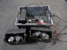 A box containing transceiver with aerial, cased binoculars, etc.