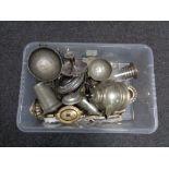 A box containing antique and later metal wares to include plated teapots, pewter bowls, tankards,