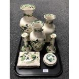 A tray containing seven pieces of Mason's Chartreuse china to include vases, a pair of candlesticks,
