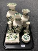 A tray containing seven pieces of Mason's Chartreuse china to include vases, a pair of candlesticks,