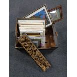 A box containing assorted picture frames, framed French Mavis prints, a gilt wood frieze panel.