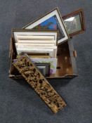 A box containing assorted picture frames, framed French Mavis prints, a gilt wood frieze panel.