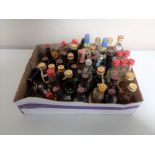 A box containing approximately 45 alcohol miniatures.