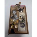A box containing a brass cased compass, Masonic medals, Britannia cartwheel penny,
