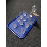 A tray of crystal decanter and further crystal glass.