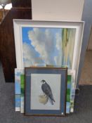 A framed James Deacon picture of a peregrine falcon together with a quantity of framed and unframed