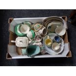 A box of ceramics including commemorative china, Sadler teapot, tea china etc.