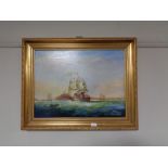 A gilt framed oil on canvas, tall ship at sail, signed H. Bennett.