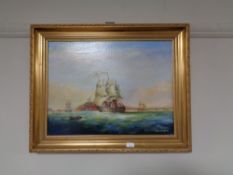 A gilt framed oil on canvas, tall ship at sail, signed H. Bennett.