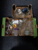 Two boxes of glass, ceramic dog ornament, silver plated goblets etc.