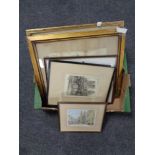 A box containing four framed colour prints and engravings depicting buildings,