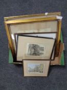 A box containing four framed colour prints and engravings depicting buildings,