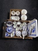 Two boxes containing blue and white Ringtons ware and china, model locomotives.