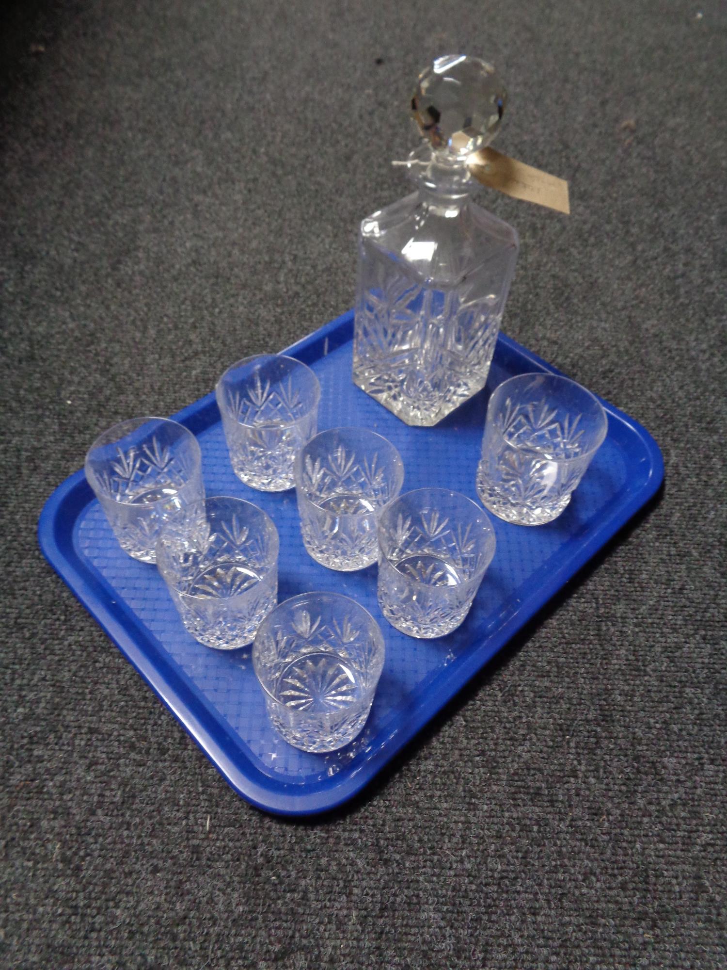 A tray of crystal decanter, whiskey tumblers, Edinburgh Crystal, etc.