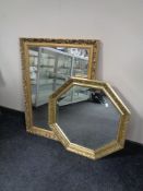 An octagonal bevel edge gilt framed mirror together with a further framed mirror.