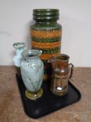 A tray containing Sylvac pottery jug and three West German vases.