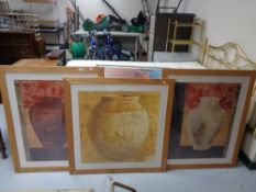 Three contemporary pine framed French prints depicting vases