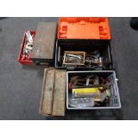 A plastic toolbox together with a metal toolbox,