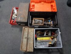 A plastic toolbox together with a metal toolbox,