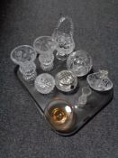 A tray containing crystal to include Stewart crystal, vases, basket, etc.