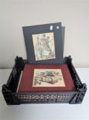 A basket containing a quantity of coloured book plates in mounts depicting Roman and Grecian