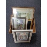 A box containing eight various prints to include framed print, 'Miss Snowdrop'.