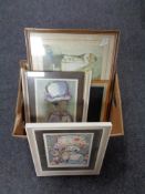 A box containing eight various prints to include framed print, 'Miss Snowdrop'.