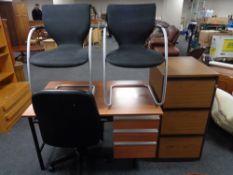 A teak effect single pedestal desk together with a teak effect three drawer filing chest,