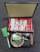 A part canteen Viner's cutlery, a three piece Art Deco dressing table brush set,