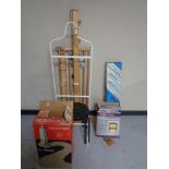 A folding pine clothes rail, boxed vintage Hoover floor polisher, halogen heater, knitting machine,
