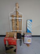 A folding pine clothes rail, boxed vintage Hoover floor polisher, halogen heater, knitting machine,