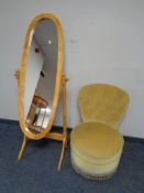 A pine cheval mirror together with a button dralon upholstered bedroom chair.
