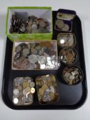 A tray containing a large quantity of assorted foreign coinage, Chinese coins, crowns etc.