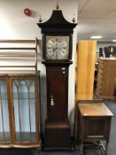 An oak eight day caddy top longcase clock, 18th century and later, silvered dial signed John Brice,