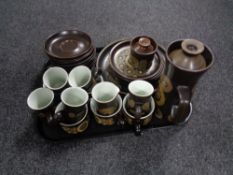 A tray containing 29 pieces of Denby Arabesque coffee ware.