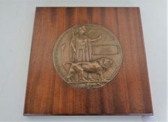 A World War I bronze death plaque awarded to Robert Adamson mounted on a board.