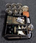 A tray containing miscellany to include plated goblets, pocket knives,