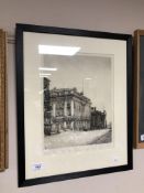 A framed monochrome etching, Lloyd's Bank District Office Newcastle upon Tyne, signed Harding.