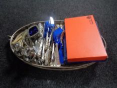 A silver plated gallery tray on paw feet together with a large quantity of boxed and unboxed