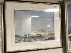 A pastel drawing, coastal scene with Bamburgh Castle beyond, signed R. Fenwick.