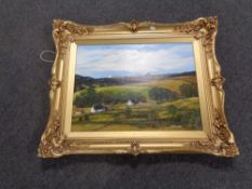 An E. E. Fraser oil on canvas, rural landscape scene, in an ornate gilt frame.