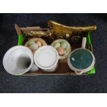A box containing a chalk plaque of a caravan, two marble comports containing eggs, garden planters,