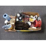 Two boxes containing miscellany to include a garden security light, treen biscuit barrel,