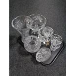 A tray containing assorted lead crystal glassware to include vases, twin handled goblet, basket,